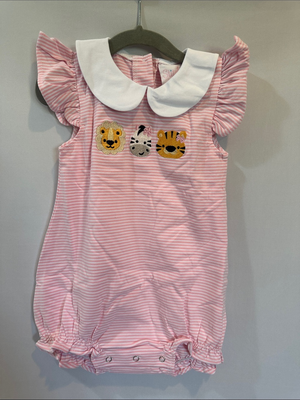 Pink Striped Toddler Romper with Animal Appliqués with matching bow